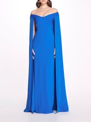 Off Shoulder Caped Column Gown - Cerulean - Cerulean