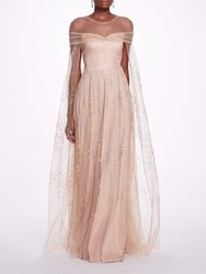 Off-Shoulder Glitter Cape Gown - Nude