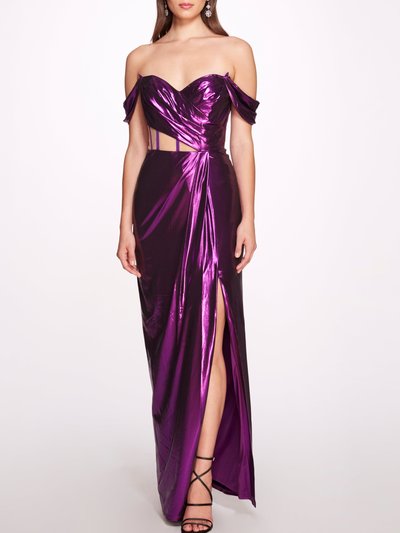Marchesa Notte Off Shoulder Lamé Gown With Draped Bodice product