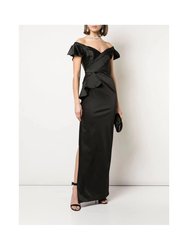 Off-the-Shoulder Strap Satin Draped Gown - Black