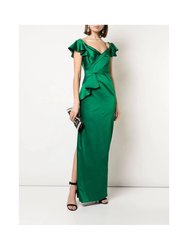 Off-the-Shoulder Strap Satin Draped Gown - Emerald