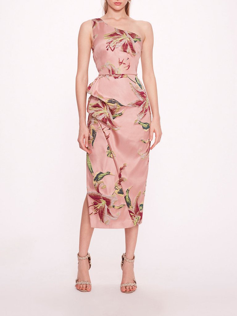 One Shoulder Drape Midi Dress - Pink - Pink