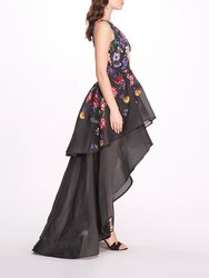 One Shoulder Floral Gown - Black/Pink