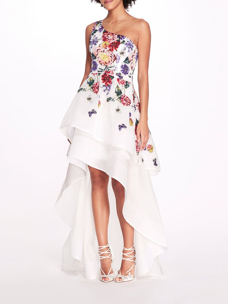 One Shoulder Floral Gown - Ivory