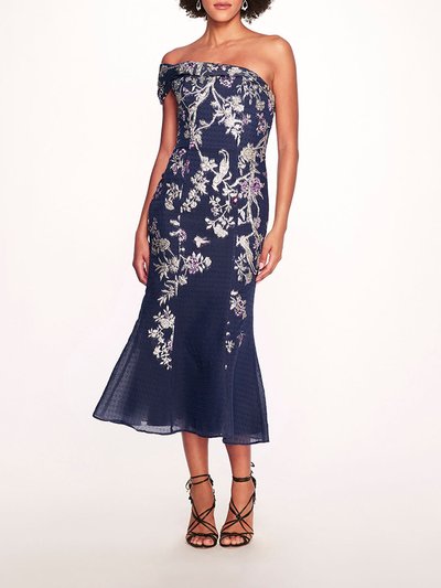 Marchesa Notte One Shoulder Gilded Midi Dress - Navy product
