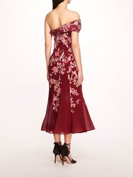 One Shoulder Gilded Midi Dress -  Wine