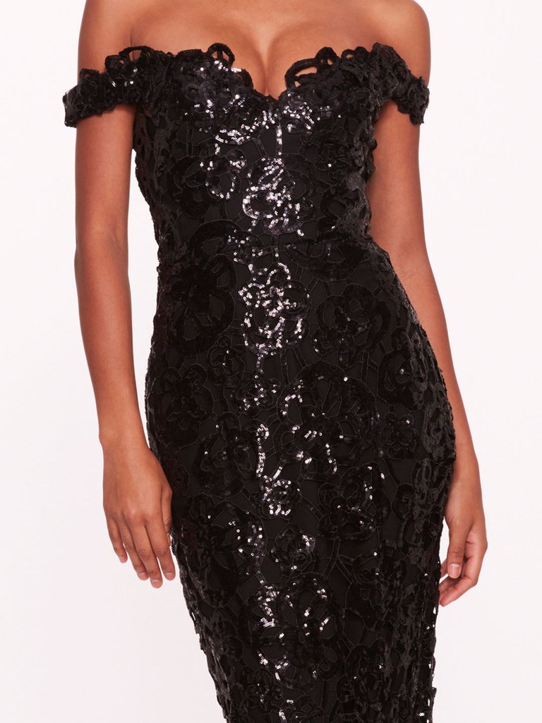 Organic Neckline Sequin Gown - Black