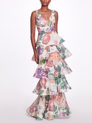 Plunging V-Neck Floral Printed Gown - Ivory
