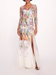 Ribbons Long Sleeve Gown - Ivory Multi - Ivory Multi