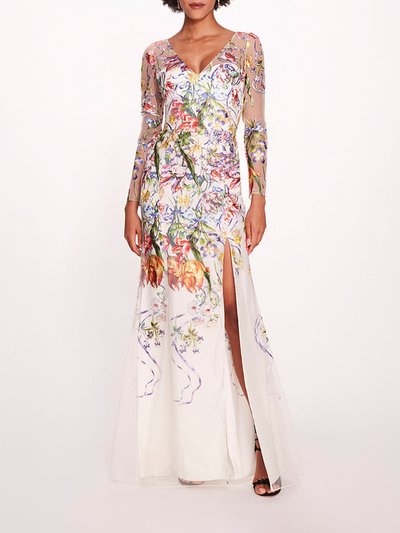 Marchesa Notte Ribbons Long Sleeve Gown - Ivory Multi product