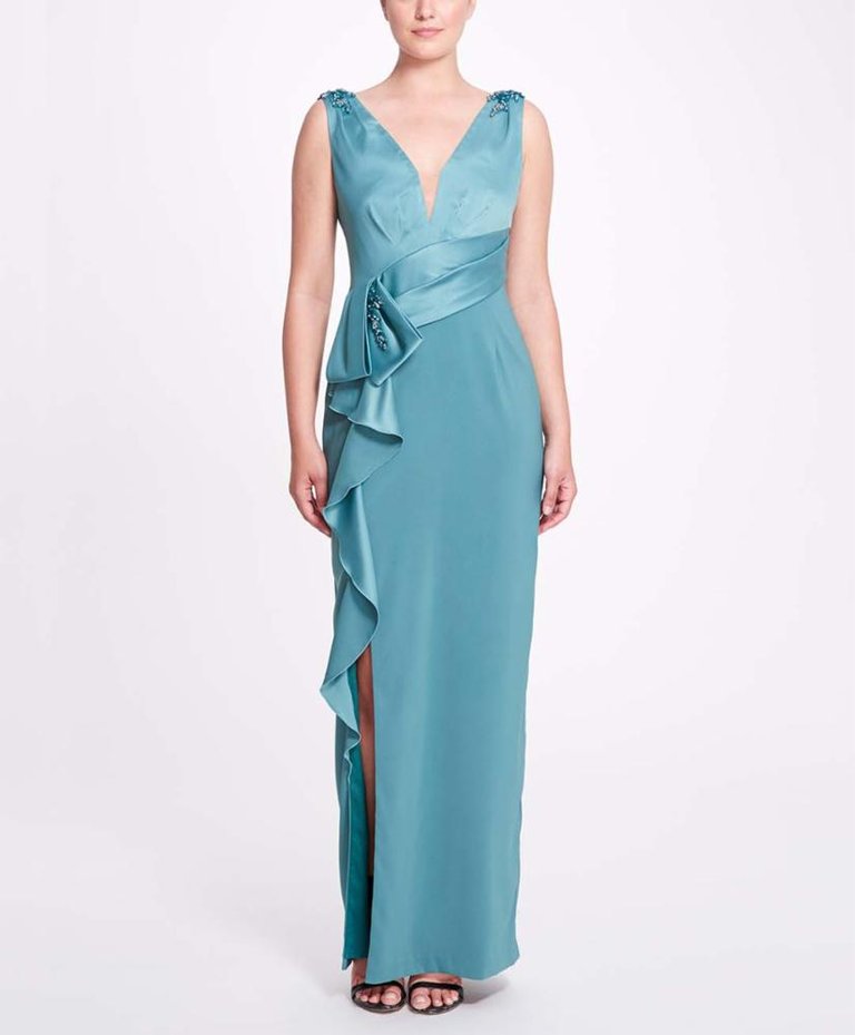 Satin Deep V-Neck Crepe Gown - Cerulean