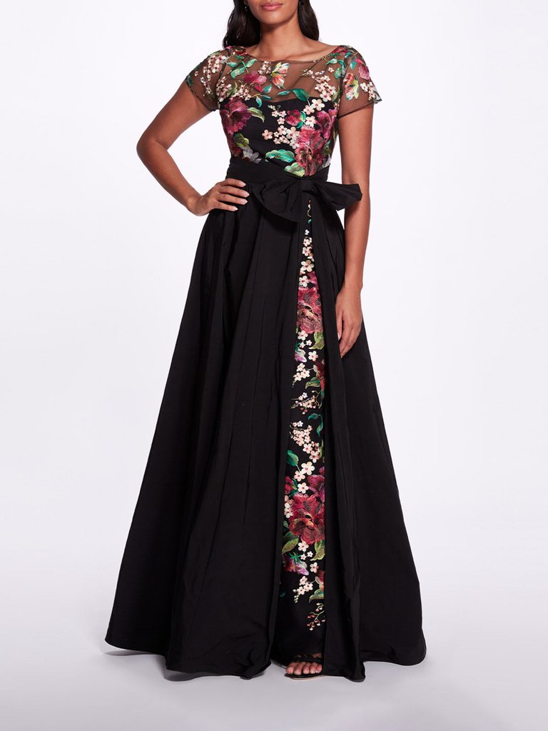 Short Sleeve Embroidered Floral Gown - Black