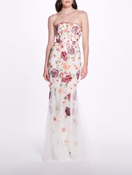 Sleeveless Embroidered Tulle Gown - Ivory - Ivory