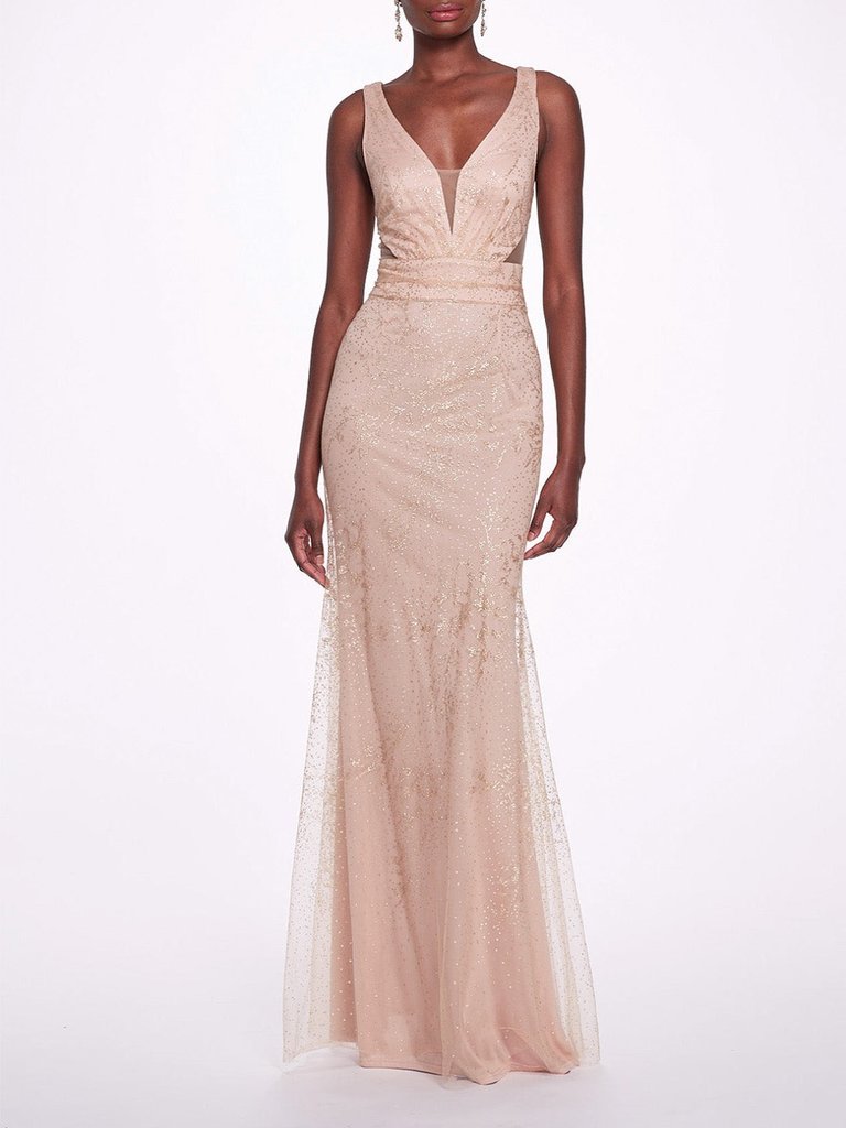 Sleeveless V-neck Glitter Gown - Nude