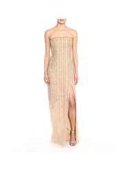 Strapless Beaded Slit Gown - Gold