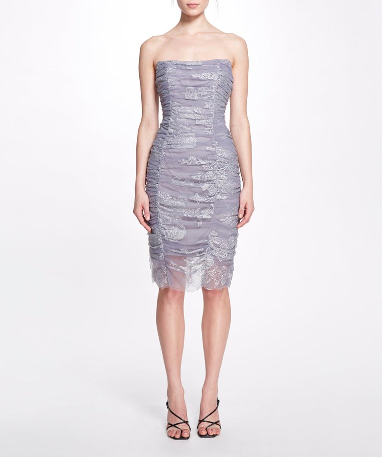 Strapless Floral Glitter Tulle Ruched Cocktail Dress - Silver