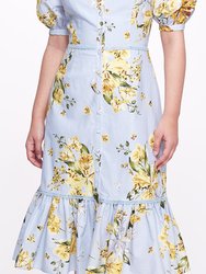 Sweetheart Neckline Floral Print Fitted Midi Dress - Dusty Blue