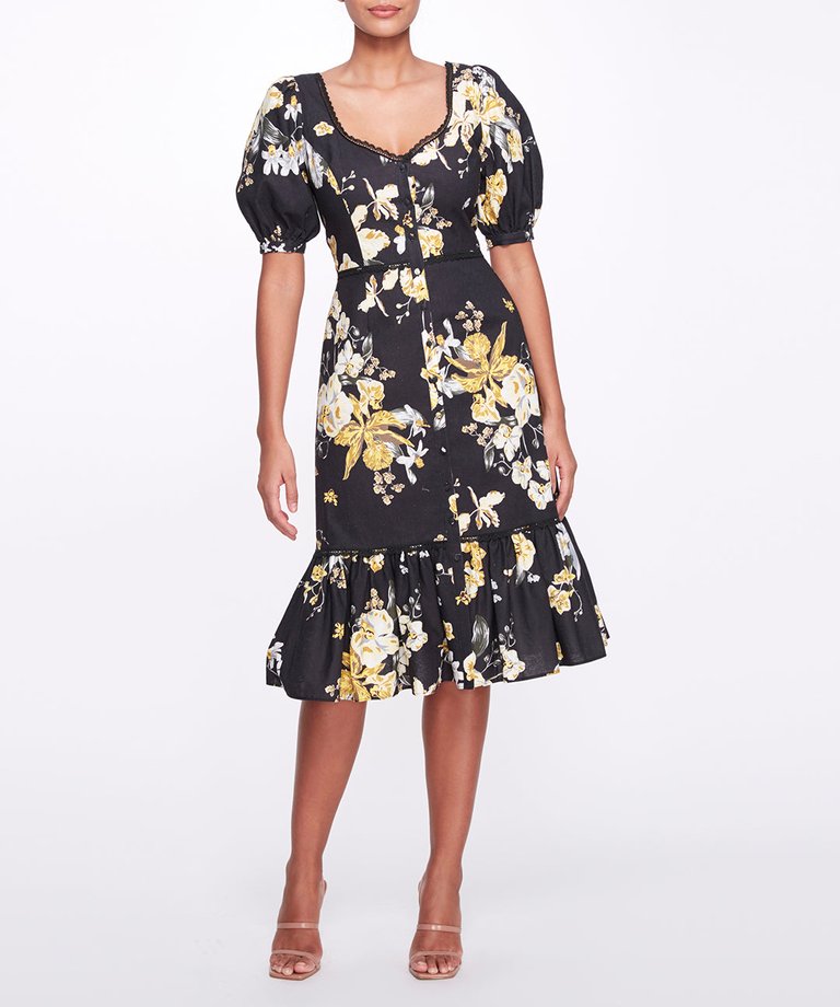 Sweetheart Neckline Floral Print Fitted Midi Dress - Black