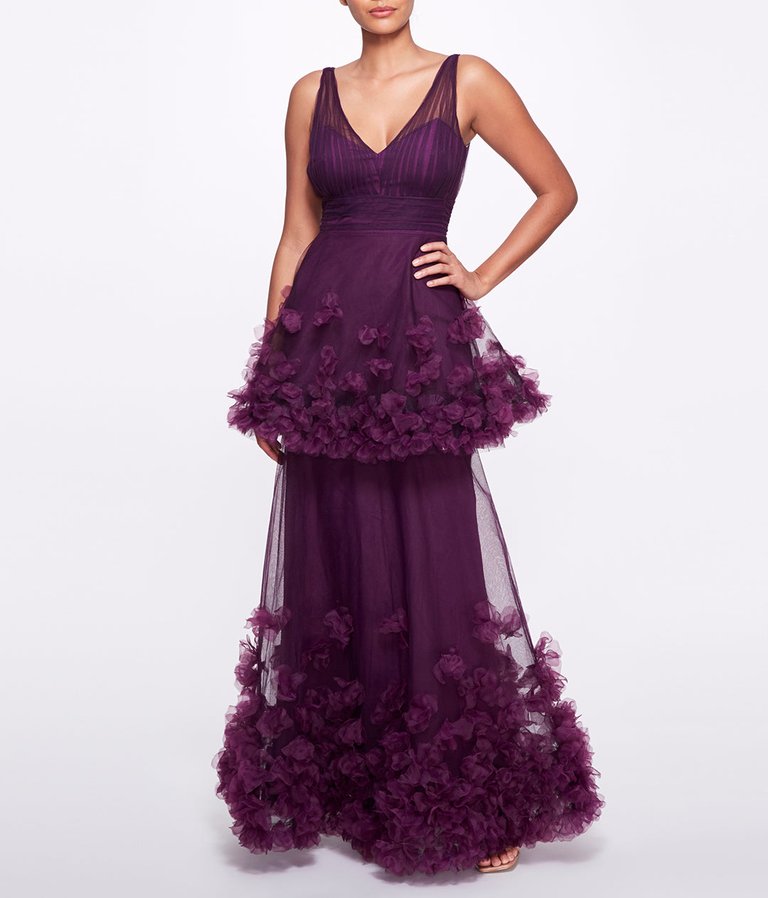 Textured Tiered Gown - Aubergine