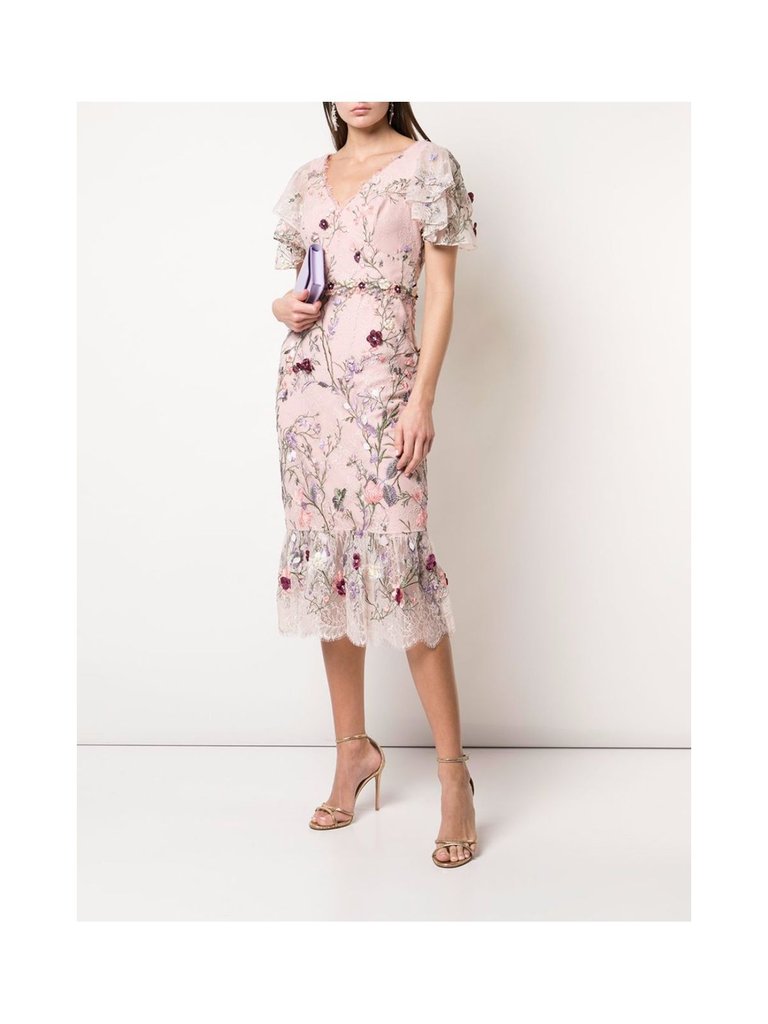 V-Neck 3D Floral Embroidered Tulle Cocktail Dress