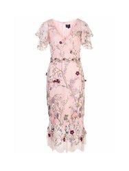 V-Neck 3D Floral Embroidered Tulle Cocktail Dress - Blush