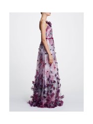 V-Neck Printed Floral Tulle Gown