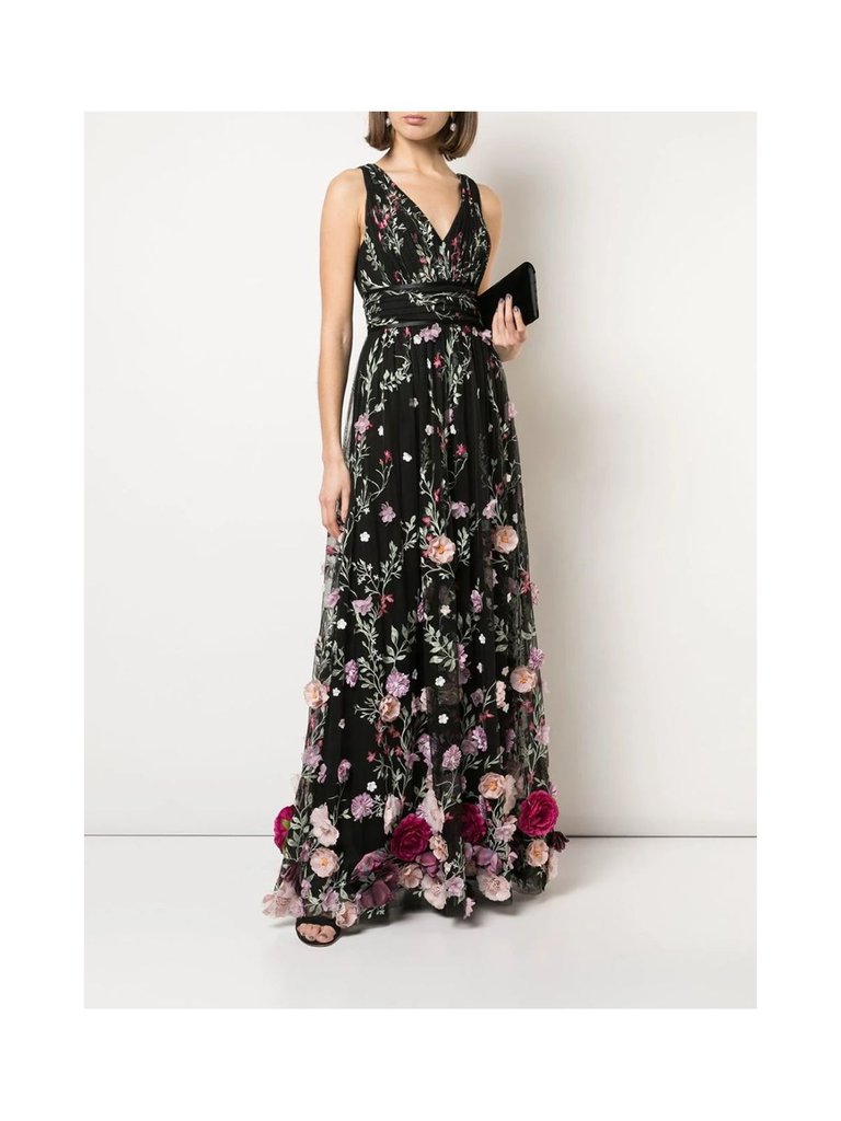 V-Neck Sleeveless 3D Floral Embroidered Gown