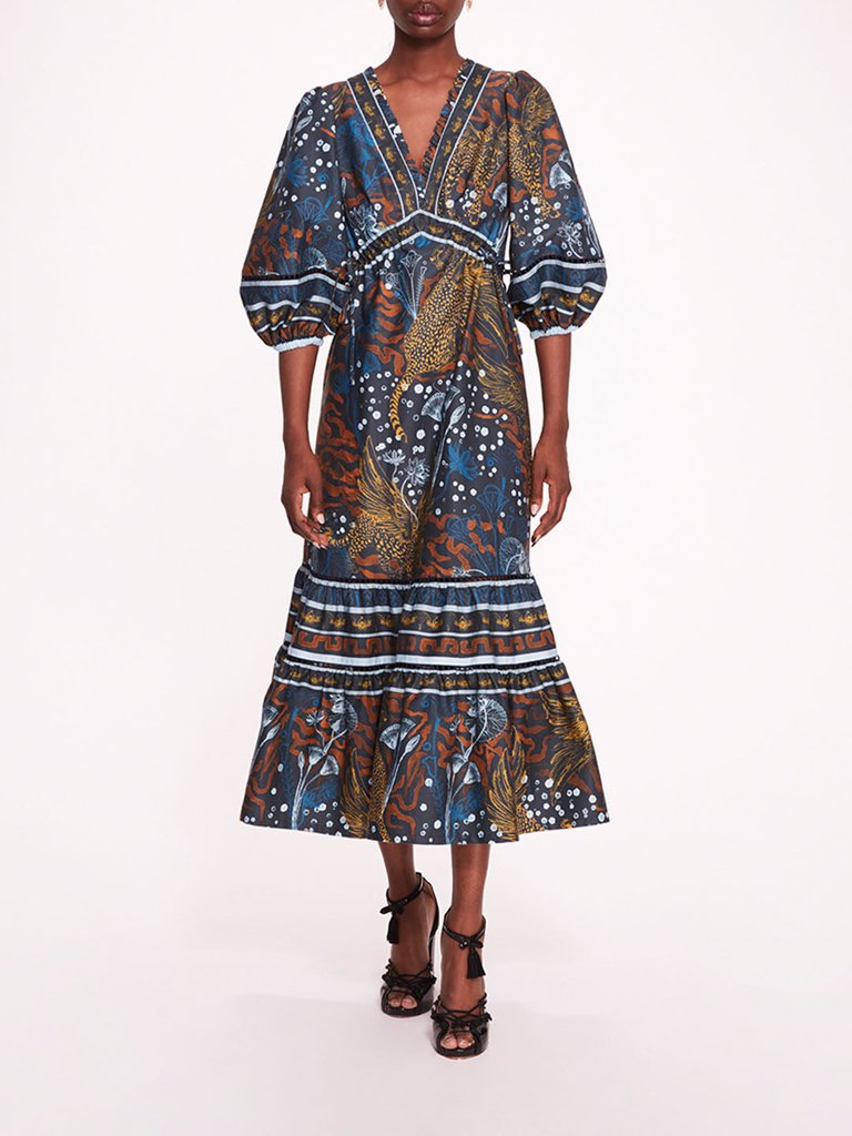 Flying Cheetah Tiered Midi Dress - Blue Multi - Blue Multi