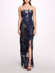 Sequined Gown With Front Side Slit - Blue - Blue