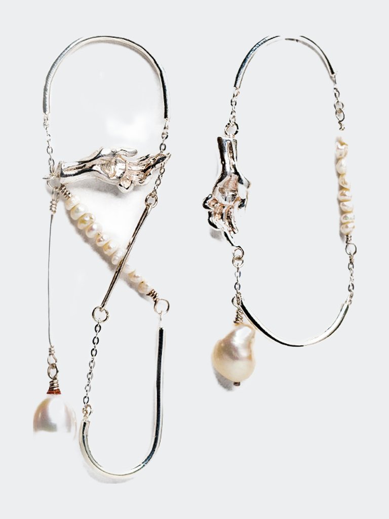 Osaka Asymmetric Statement Earrings - Silver/Baroque Pearls