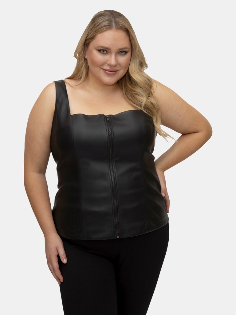 Pleather Tank Top With Open Front Zipper - Black
