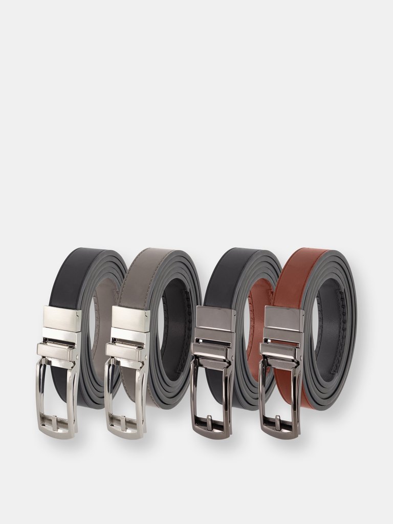 Reversible Ratchet Belt - 2 Pack: Black/Cognac Strap With Black Buckle and Black/Grey Strap With Silver Buckle