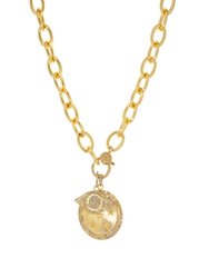 Gold Oval Link Chain Pave Clasp Necklace with Pave Diamond Evil Eye Charm and Round Charm with Diamond Stars. - YG