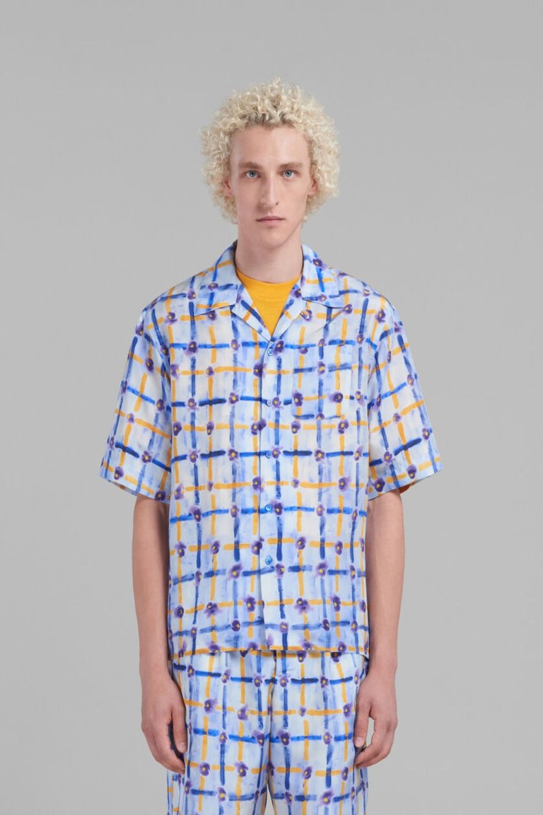 Habotai Silk Bowling Shirt With Saraband Print - Light Blue