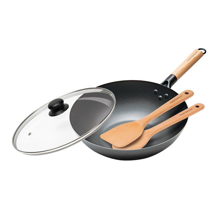 Nonstick Carbon Steel Wok With Glass Lid & Wooden Utensils, 12" - Black