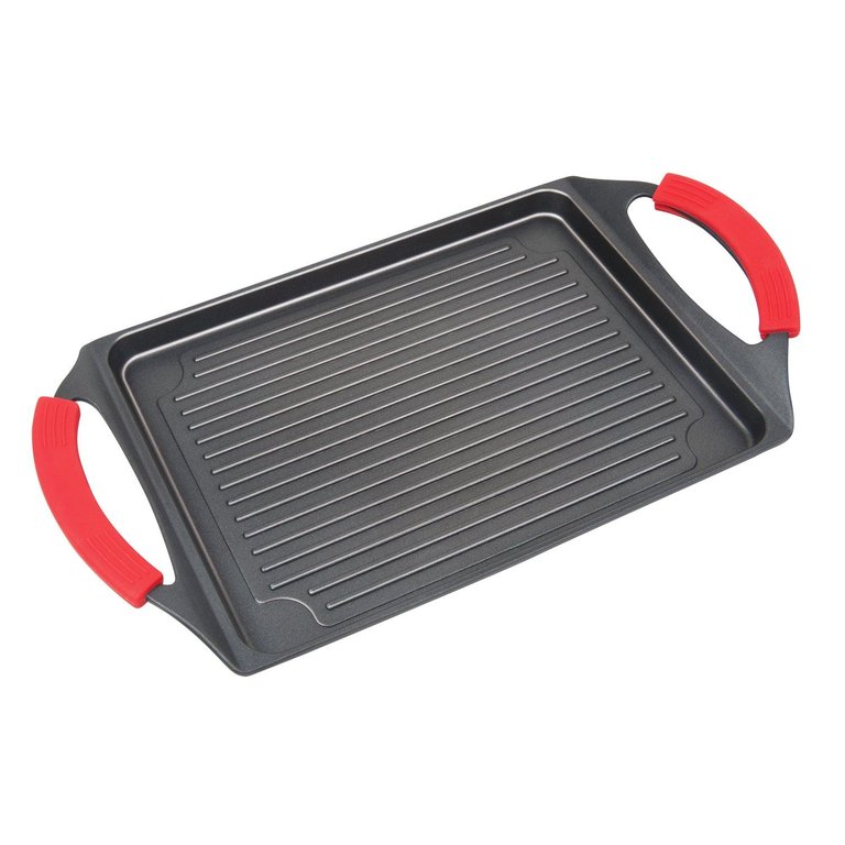 Nonstick Grill Plate With Silicone Handles, 10" x 13" - Black