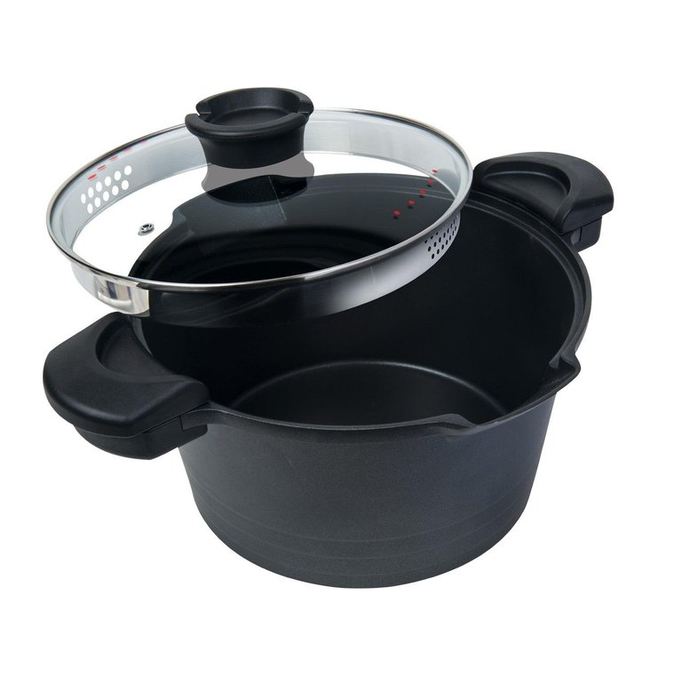 Nonstick Stock & Pasta Pot With Glass Lid Strainer, 5 QT., 9" (23cm) - Black