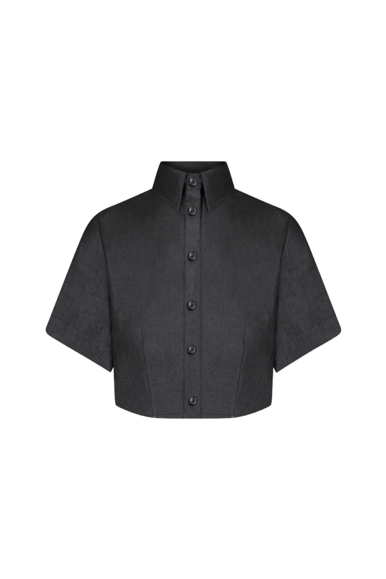 Cropped Tie Back Button Up Shirt - Black