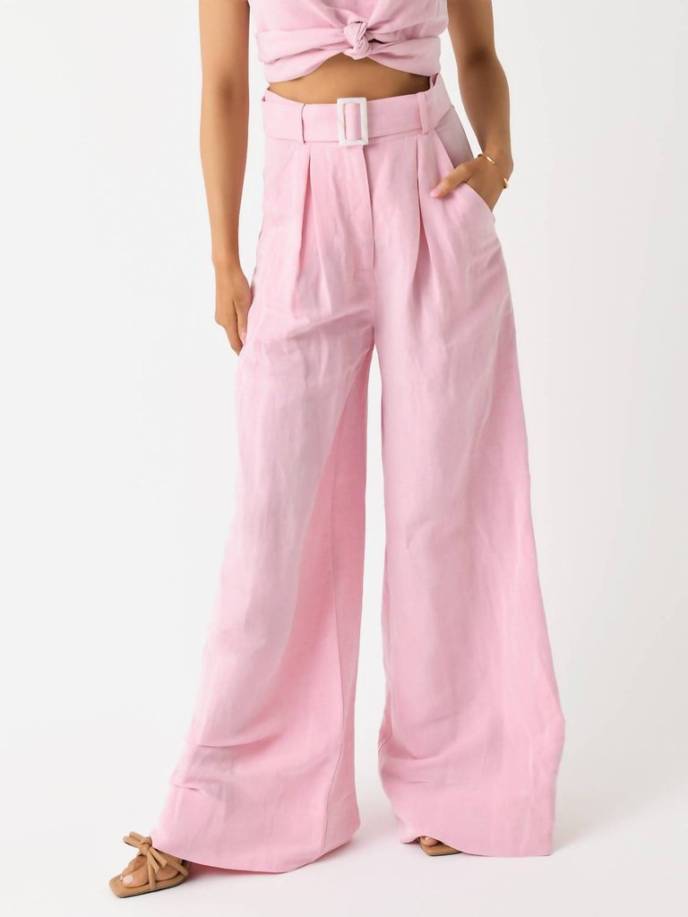 Wide Leg Pleated Pant In Pink Viscose Linen - Pink Viscose Linen