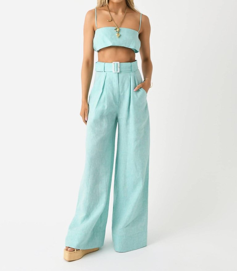 Wide Leg Pleated Pant In Seafoam Melange Linen - Seafoam Melange Linen