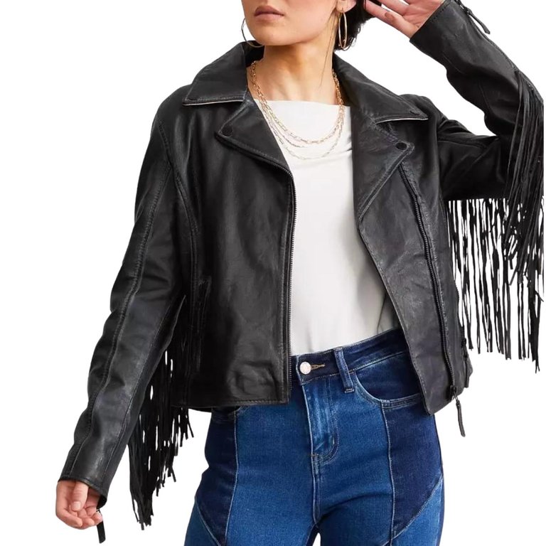 Crissy Fringe Leather Jacket In Black - Black