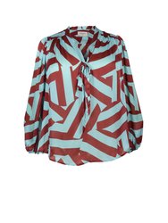 Rosen Tie Neck Ruched Shoulder Blouse In Circle Stripes