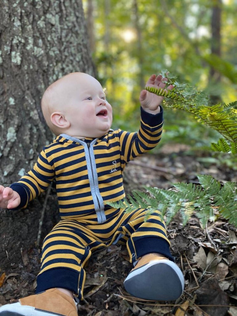 Baby Blaine Hooded Romper In Navy/Gold