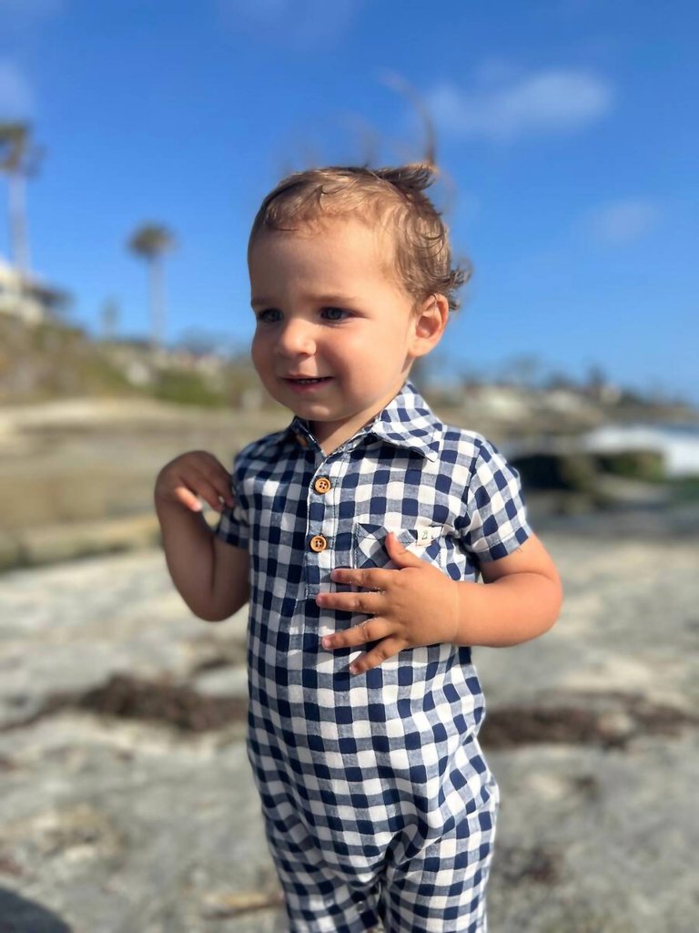 Baby Boys Sandy Polo Romper In Navy Plaid