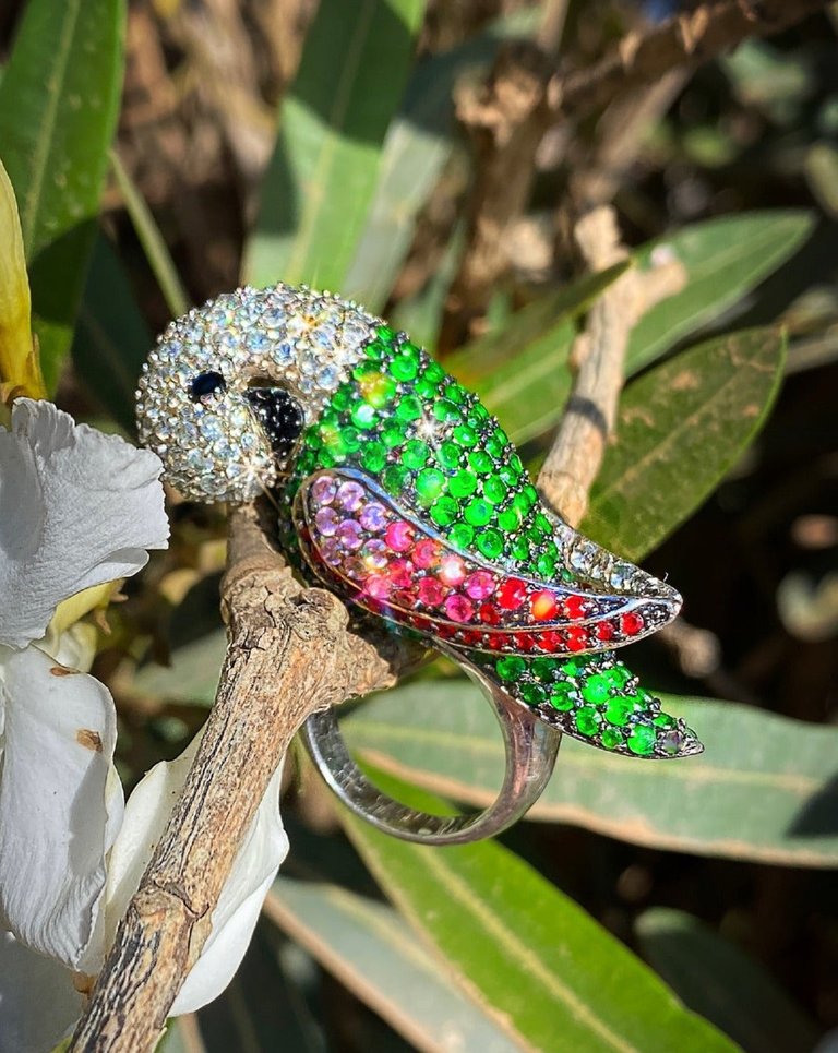 Tropical Parrot Ring - Green, Crystal, Silver, Purple