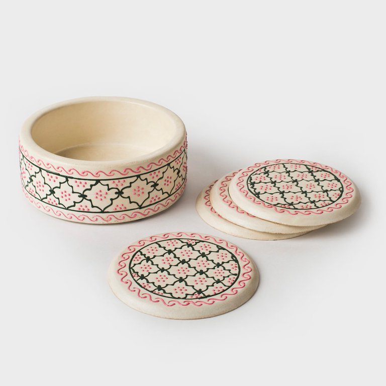 Mehndi Coaster Sets Of 4 - Pink & Green