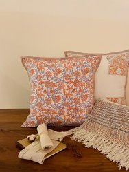 Native Narrative Floral Pattern Jacquard Pillow - Off White with Coral & Ash Blue