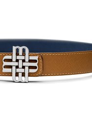 Reversible Signature Belt 25 mm - Camel & Blue | Silver Buckle