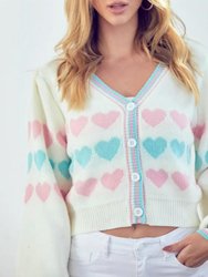 Heart Button-Front Cardigan - Ivory Blue Combo