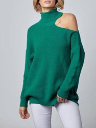 Shoulder-Baring Turtleneck Sweater - Forest Green